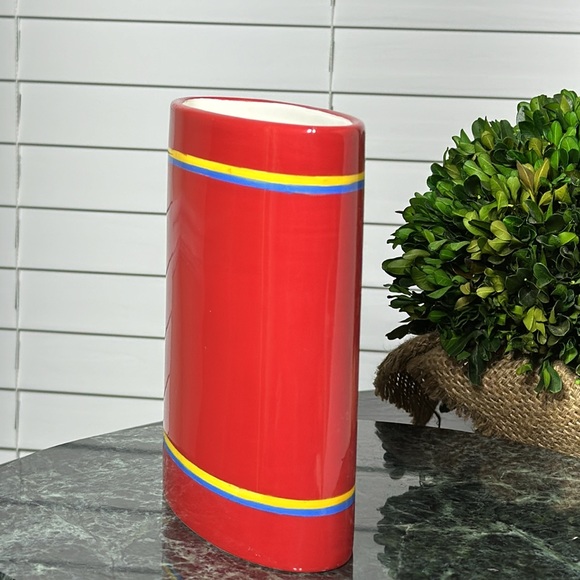 FTD Planter Flower Vase Red With Blue And Yellow Stripes - Picture 3 of 6